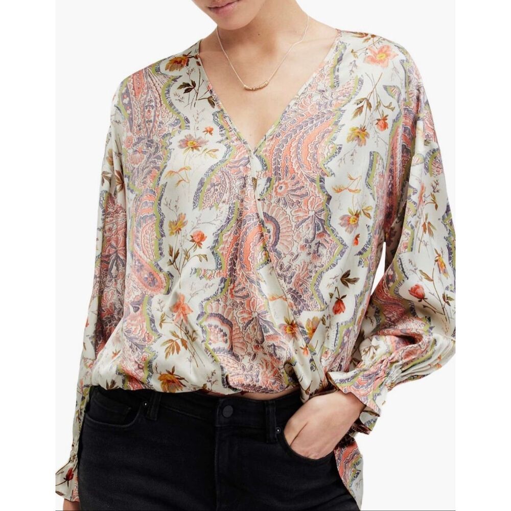 AllSaints Top Blouse Penny Cascade Long Sleeve‎ High Low Floral Cream Multicolor
